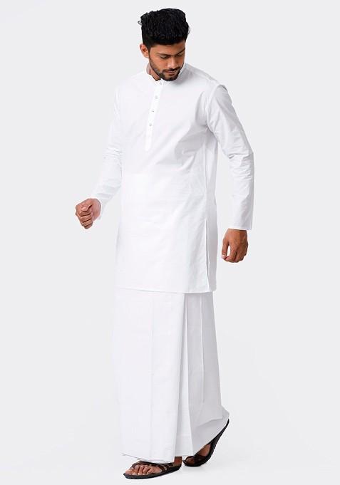 White Mandarin Cotton Kurta And Veshti For Men