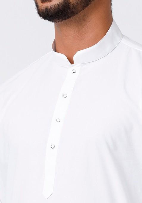 White Mandarin Cotton Kurta And Veshti For Men