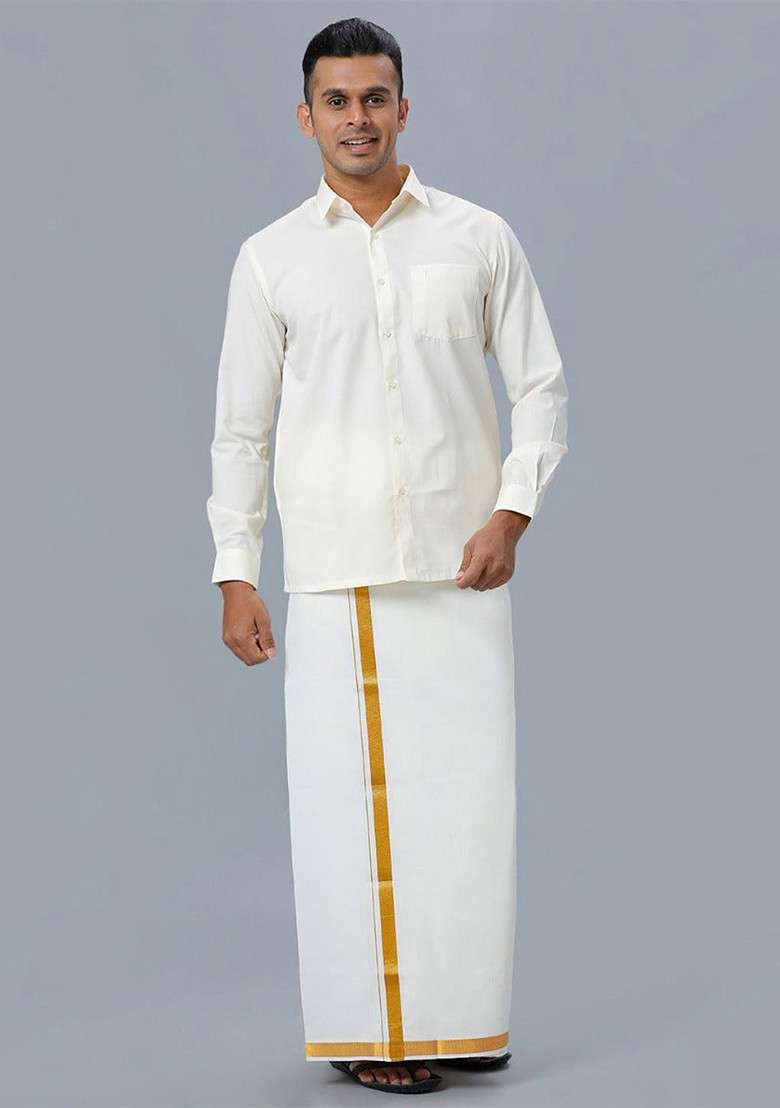 Beige Cotton Shirt With Veshti Set For Men - Indya