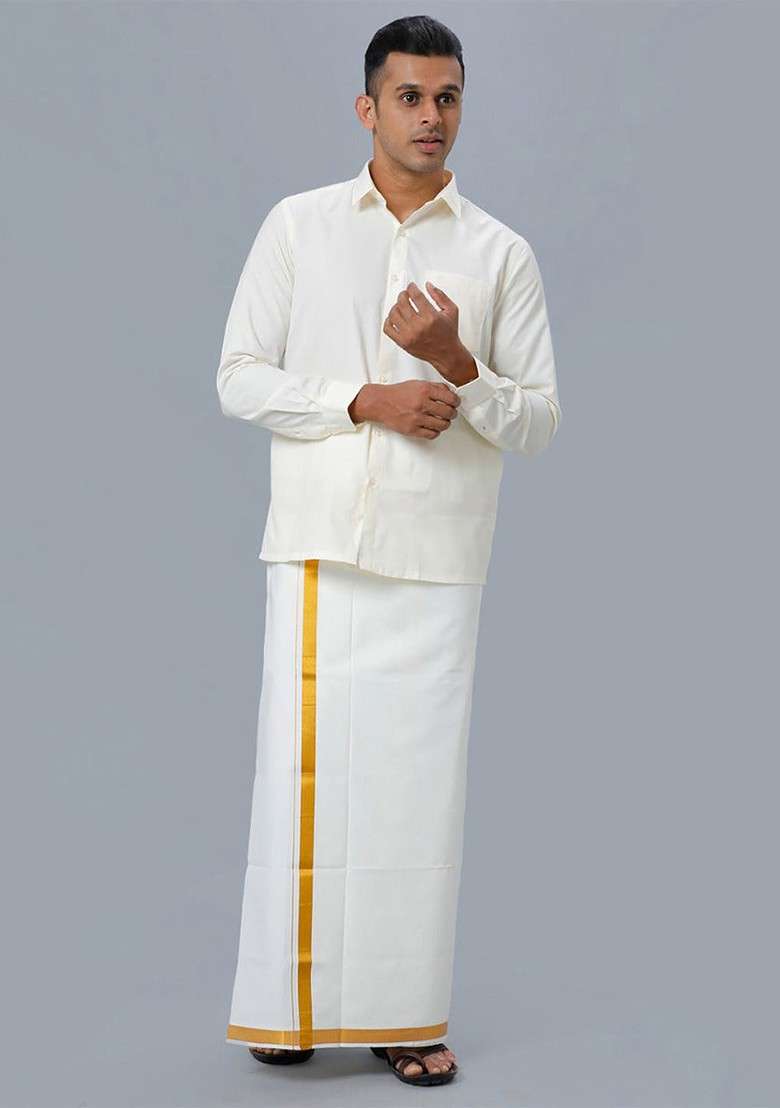 Beige Cotton Shirt With Veshti Set For Men - Indya