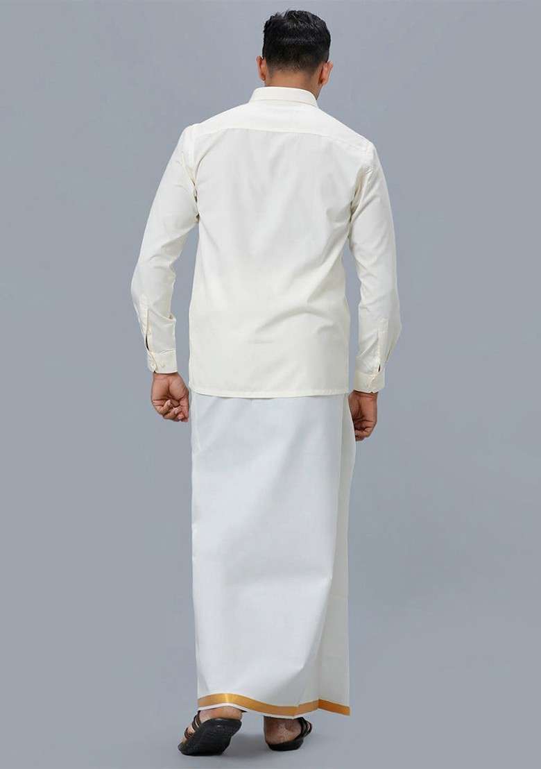 Beige Cotton Shirt With Veshti Set For Men - Indya