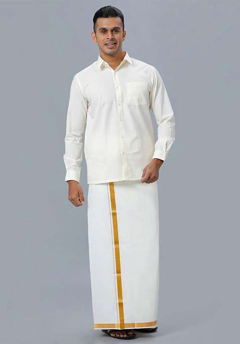 Beige Cotton Shirt With Veshti Set For Men