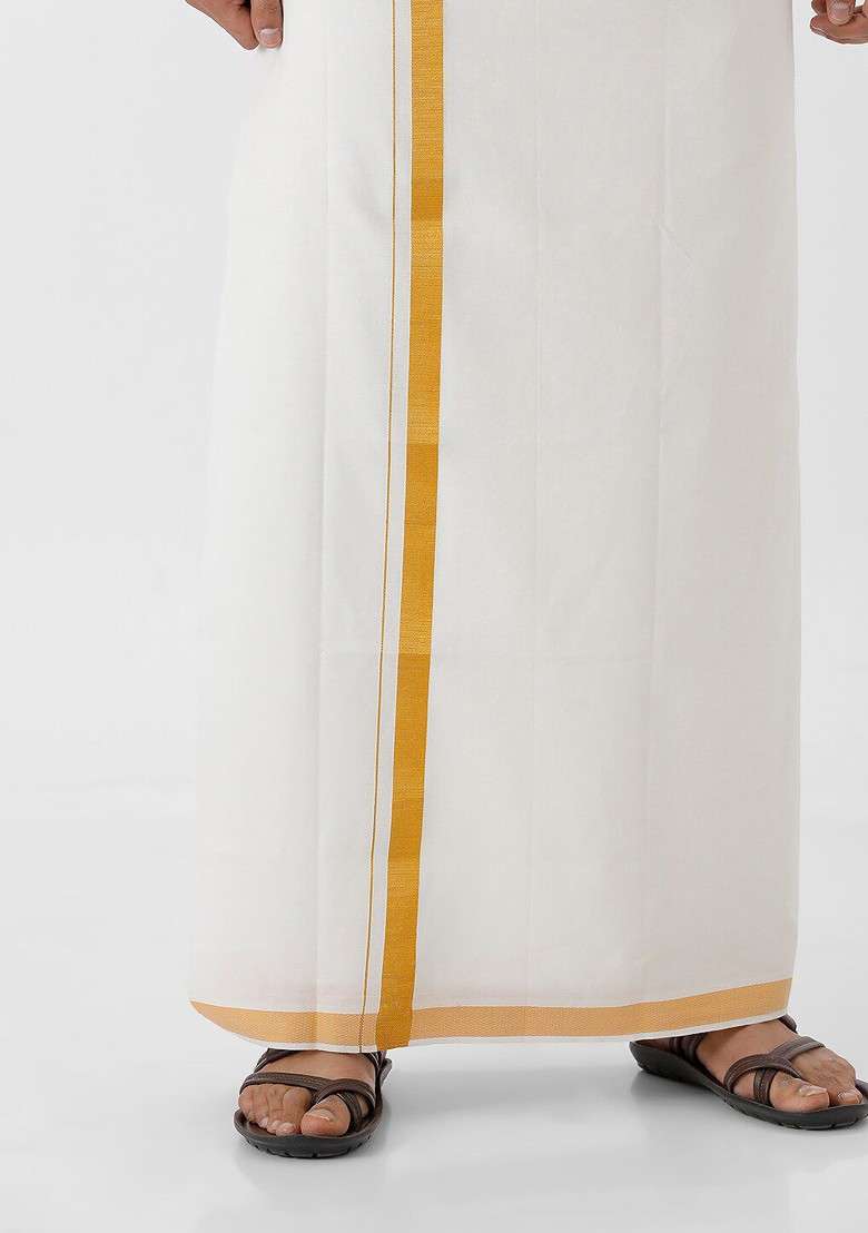 Beige Cotton Shirt With Veshti Set For Men - Indya