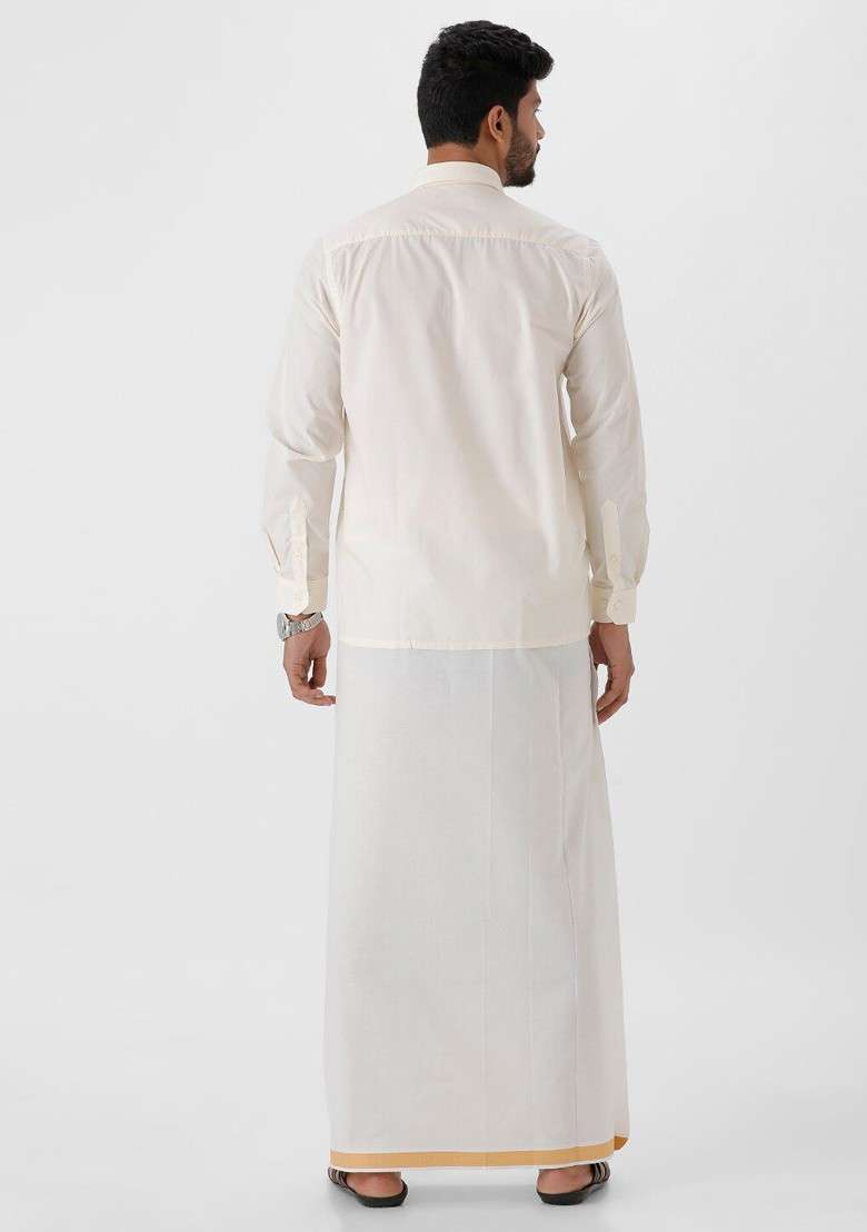 Beige Cotton Shirt With Veshti Set For Men - Indya