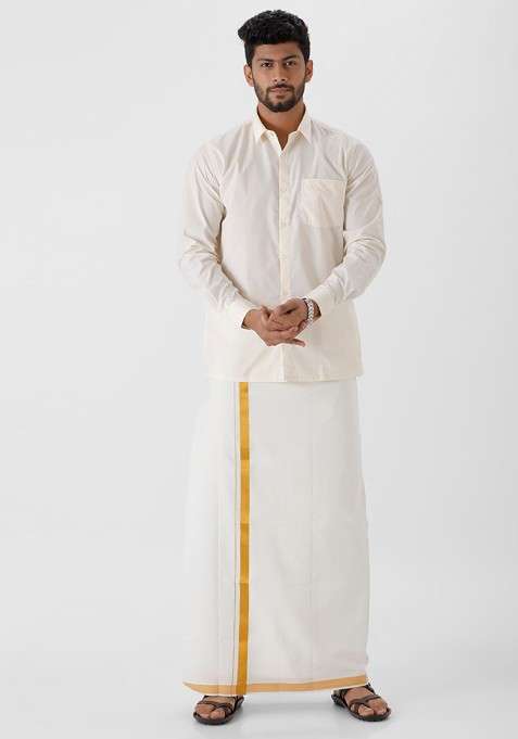Beige Cotton Shirt With Veshti Set For Men