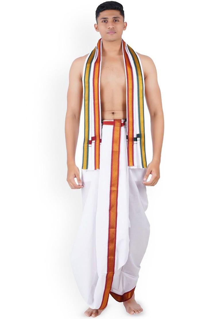 White Traditional Panchakacham With Angavastram For Men - Indya