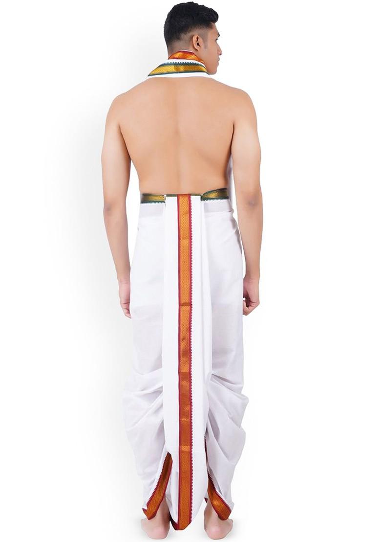 White Traditional Panchakacham With Angavastram For Men - Indya
