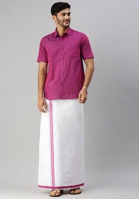 Purple Short Sleeves Shirt With Border Detailed Veshti For Men