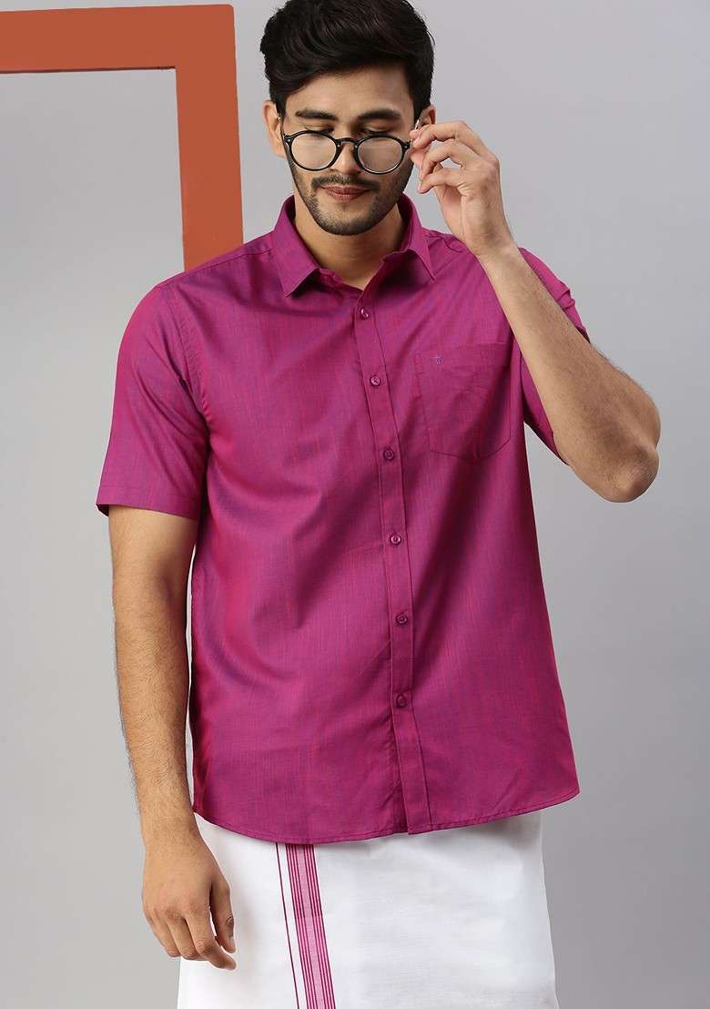 Purple Short Sleeves Shirt With Border Detailed Veshti For Men - Indya