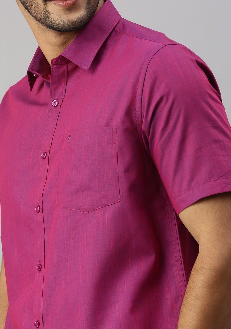 Purple Short Sleeves Shirt With Border Detailed Veshti For Men - Indya