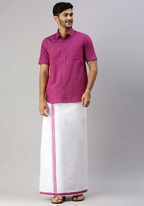 Purple Short Sleeves Shirt With Border Detailed Veshti For Men
