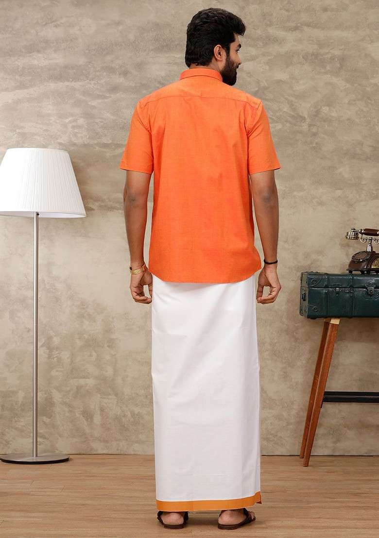 Orange Short Sleeves Shirt With Veshti For Men - Indya