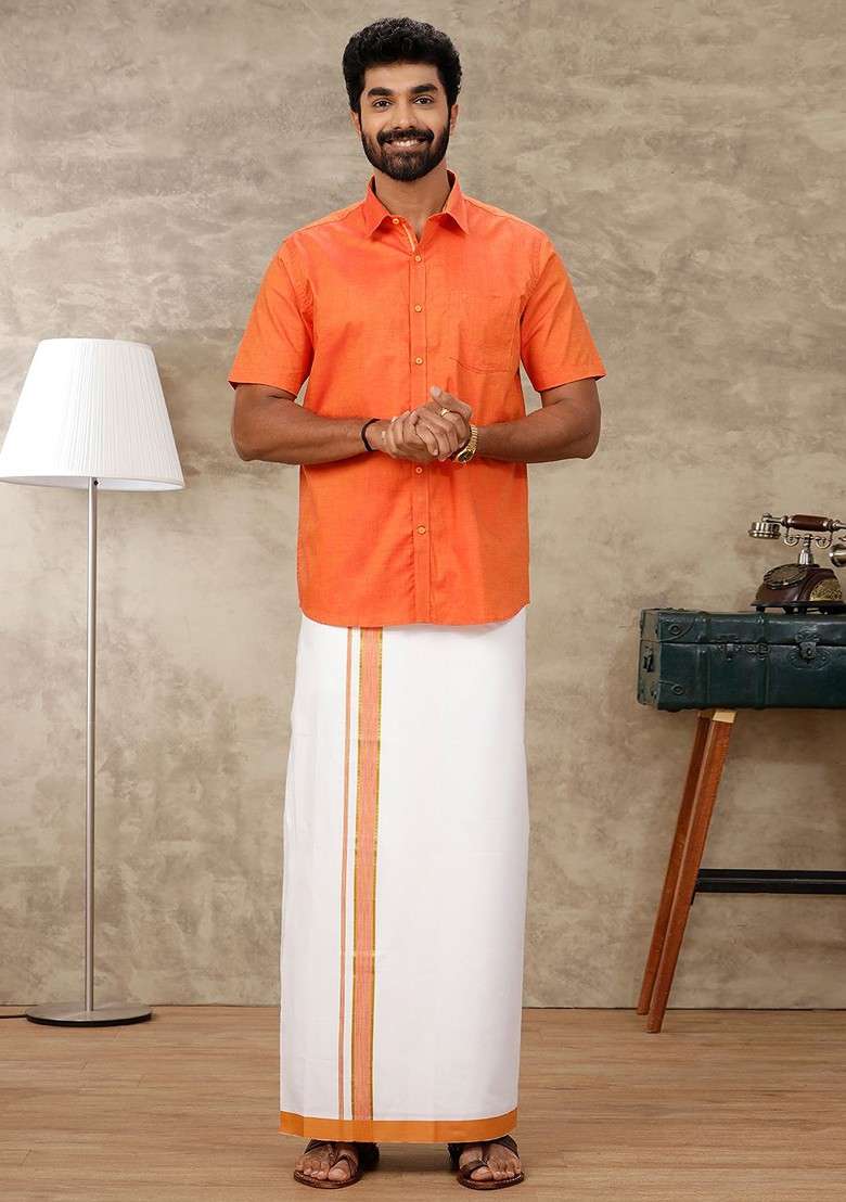 Orange Short Sleeves Shirt With Veshti For Men - Indya