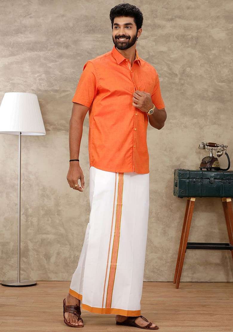 Orange Short Sleeves Shirt With Veshti For Men - Indya