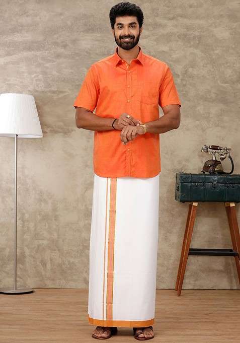 Orange Short Sleeves Shirt With Veshti For Men