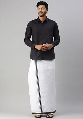 Black Long Sleeves Shirt With Border Detailed Veshti For Men