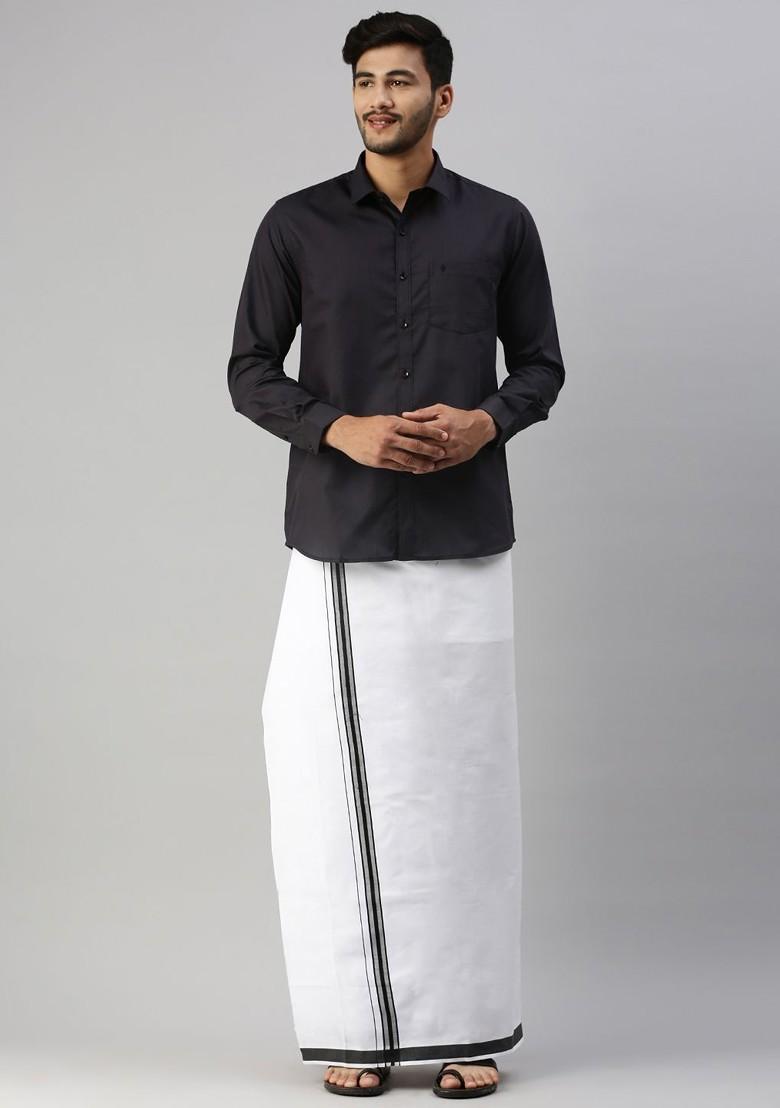 Black Long Sleeves Shirt With Border Detailed Veshti For Men