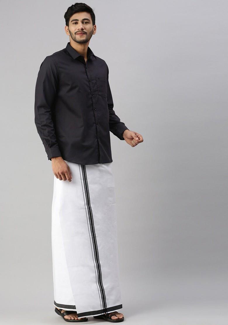 Black Long Sleeves Shirt With Border Detailed Veshti For Men