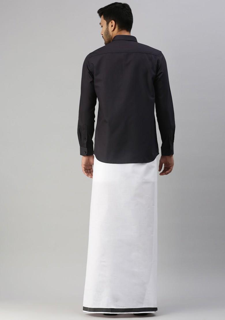 Black Long Sleeves Shirt With Border Detailed Veshti For Men