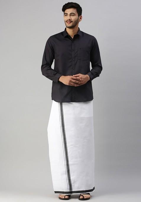 Black Long Sleeves Shirt With Border Detailed Veshti For Men