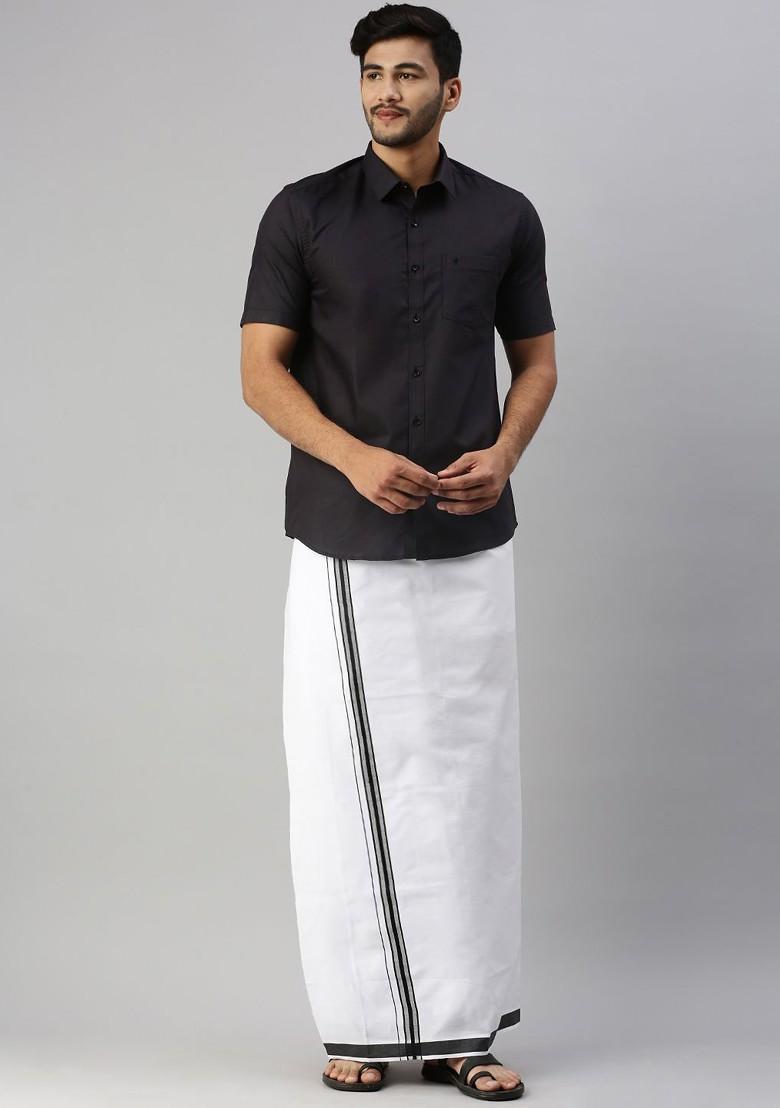 Black Short Sleeves Shirt With Border Detailed Veshti For Men