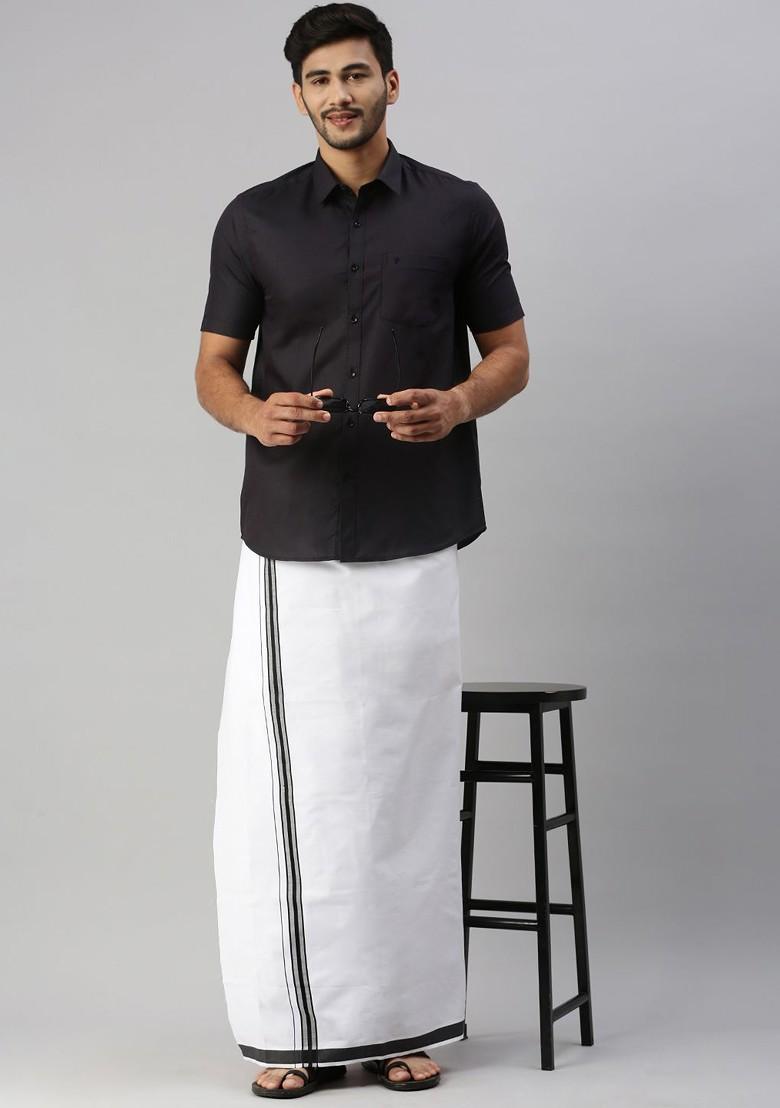 Black Short Sleeves Shirt With Border Detailed Veshti For Men
