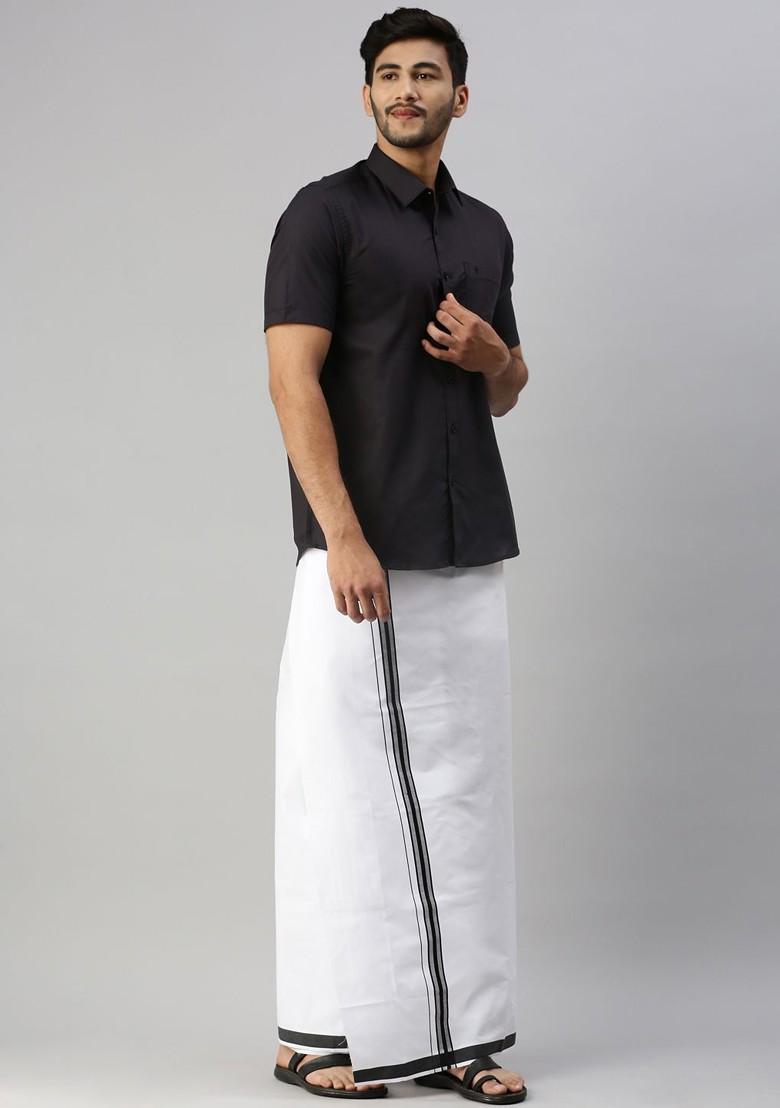 Black Short Sleeves Shirt With Border Detailed Veshti For Men