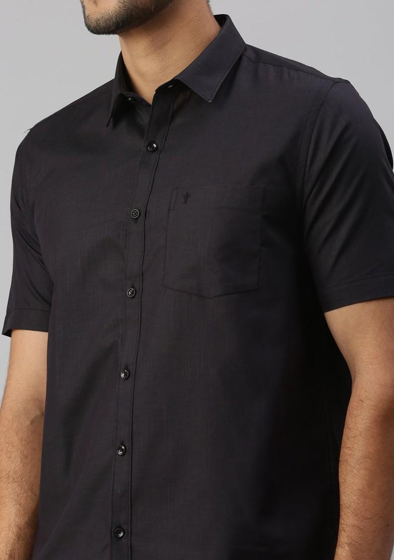 Black Short Sleeves Shirt With Border Detailed Veshti For Men