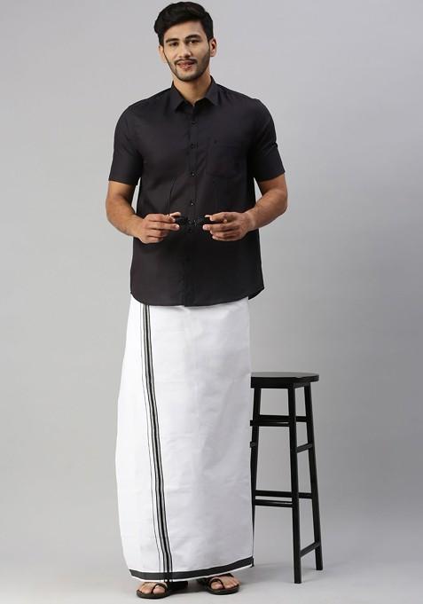 Black Short Sleeves Shirt With Border Detailed Veshti For Men