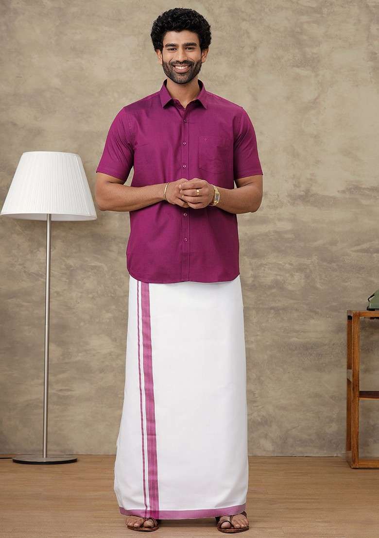 Violet Long Sleeves Shirt With Veshti For Men - Indya