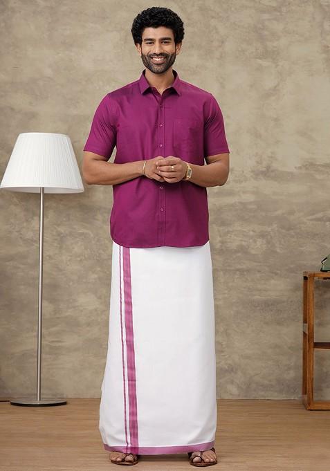 Violet Long Sleeves Shirt With Veshti For Men