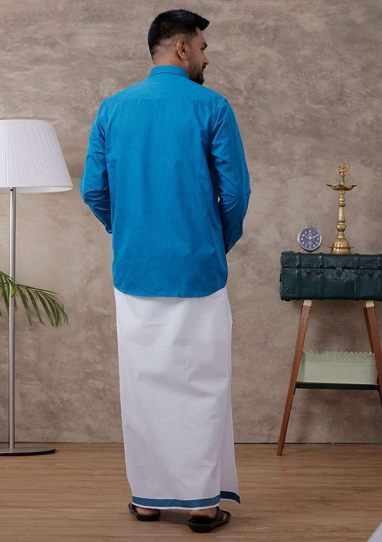 Blue Regular Shirt With Veshti For Men - Indya