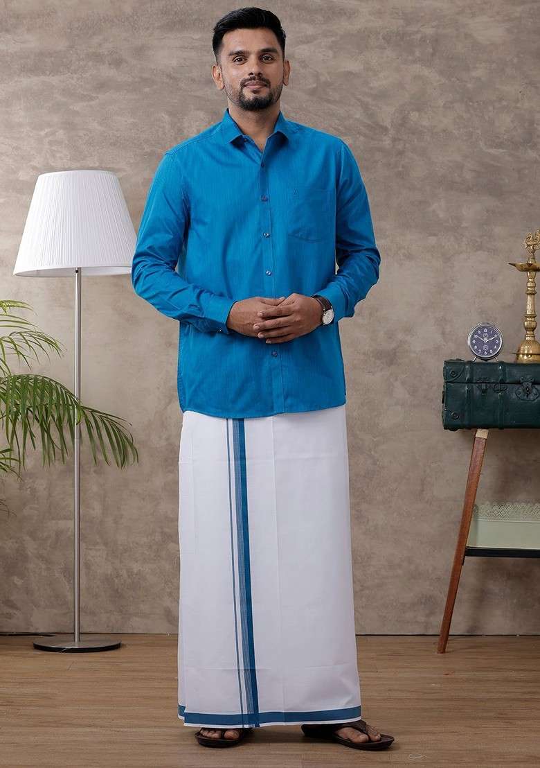 Blue Regular Shirt With Veshti For Men - Indya