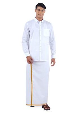 White Shirt With Zari Border Veshti For Men
