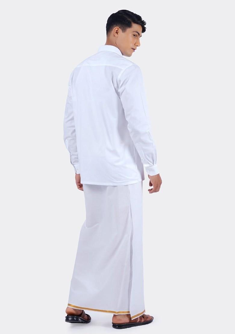 White Shirt With Zari Border Veshti For Men - Indya
