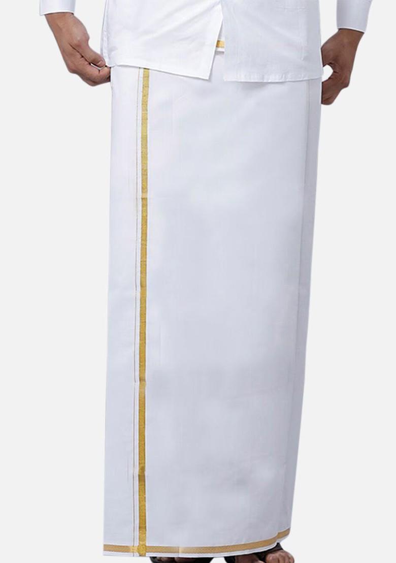 White Pure Cotton Shirt With Zari Border Veshti For Men - Indya