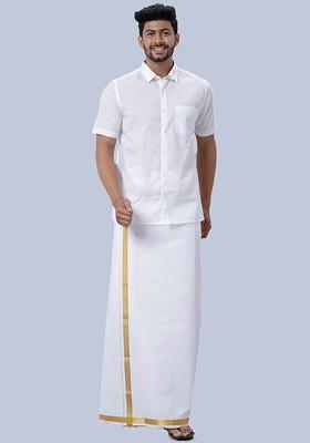 White Pure Cotton Shirt With Zari Border Veshti For Men