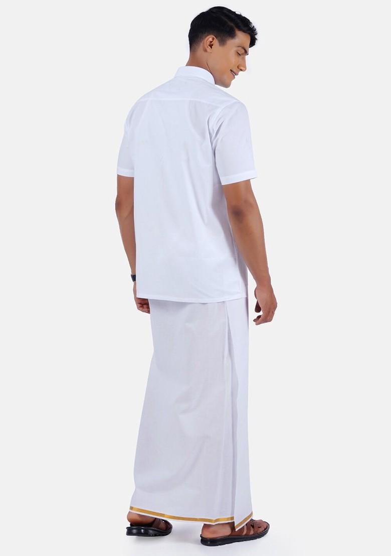 White Spread Collar Short Sleeves Shirt With Gold Jari Border Veshti For Men - Indya