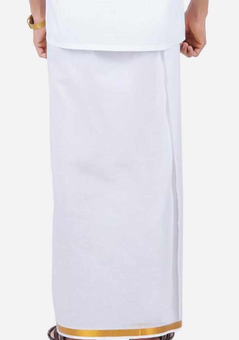 White Spread Collar Short Sleeves Shirt With Gold Jari Border Veshti For Men - Indya