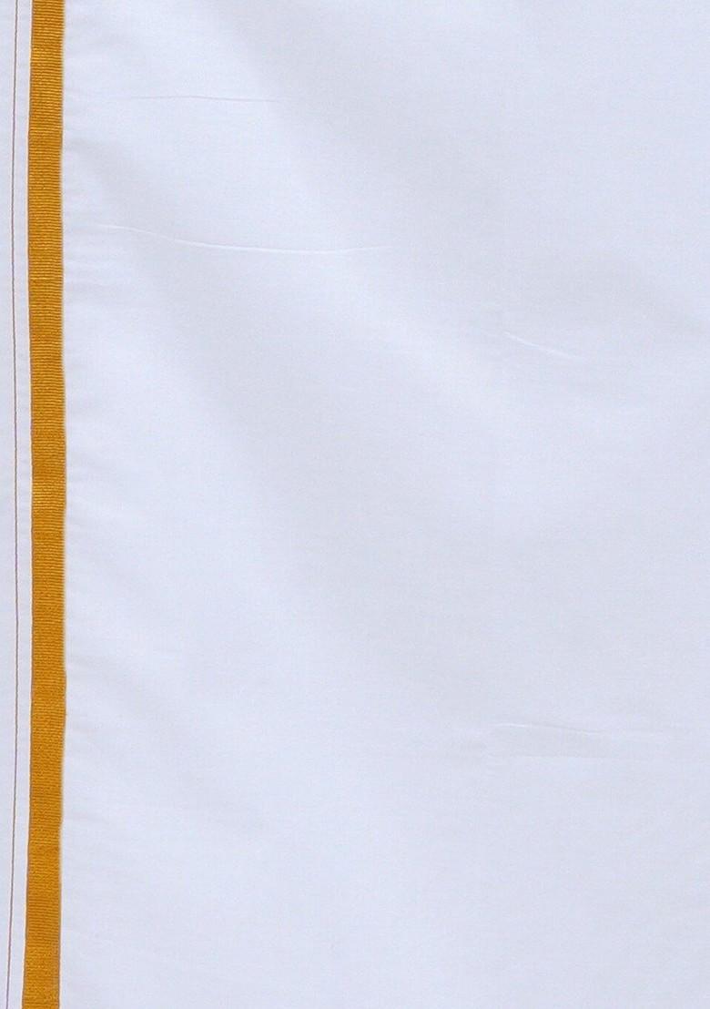 White Long Sleeves Pure Cotton Shirt With 3/4 Inch Zari Border Veshti For Men