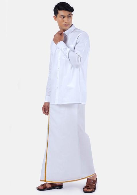 White Long Sleeves Pure Cotton Shirt With 3/4 Inch Zari Border Veshti For Men