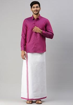 Purple Long Sleeves Shirt With Border Detailed Veshti For Men