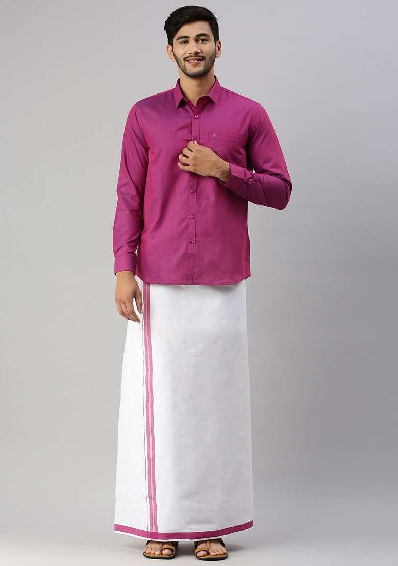 Purple Long Sleeves Shirt With Border Detailed Veshti For Men - Indya
