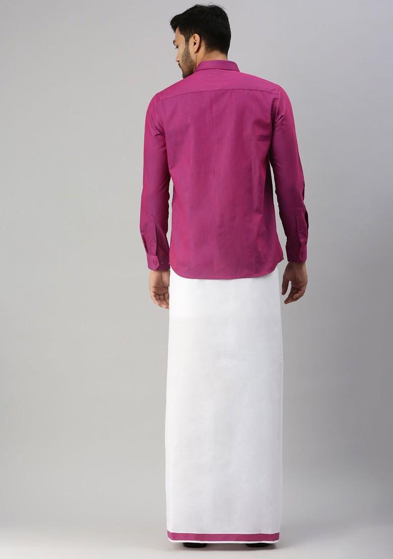 Purple Long Sleeves Shirt With Border Detailed Veshti For Men - Indya