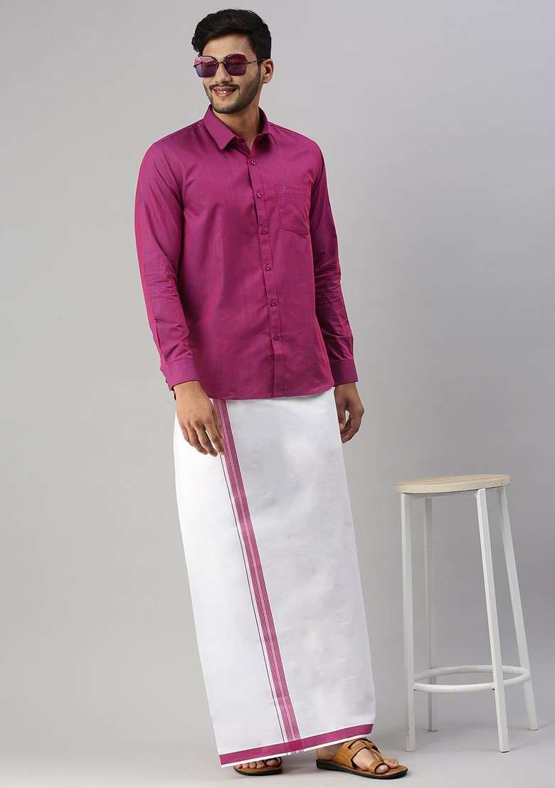 Purple Long Sleeves Shirt With Border Detailed Veshti For Men - Indya