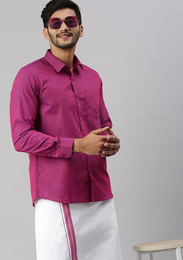 Purple Long Sleeves Shirt With Border Detailed Veshti For Men - Indya