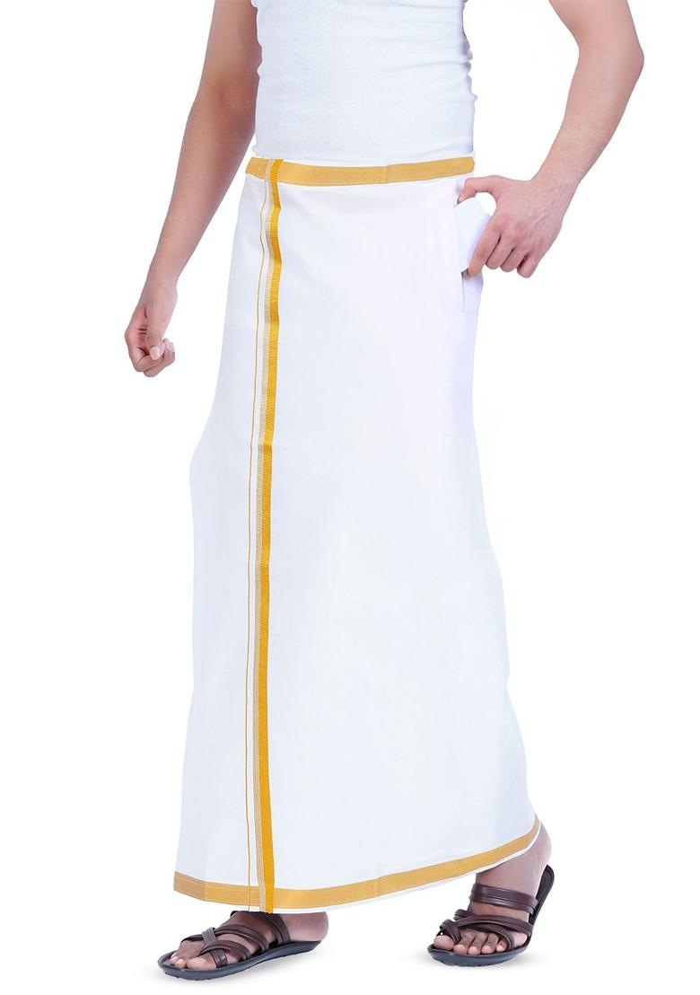 White Cotton Kerala Style Thalapathi Border Cotton Dhoti For Men