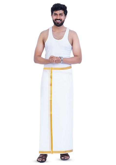 White Cotton Kerala Style Thalapathi Border Cotton Dhoti For Men