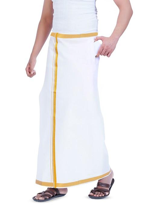 White Cotton Kerala Style Thalapathi Border Cotton Dhoti For Men