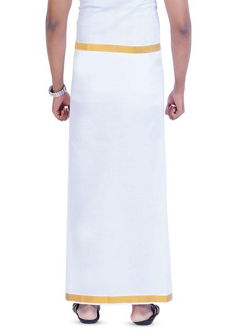 White Cotton Kerala Style Thalapathi Border Cotton Dhoti For Men